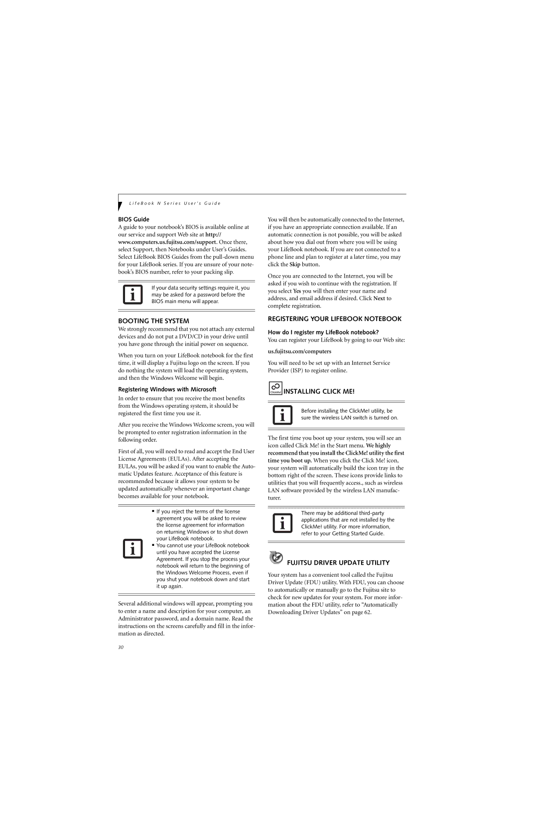 Fujitsu N6400 manual Booting the System, Registering Your Lifebook Notebook, Fujitsu Driver Update Utility 