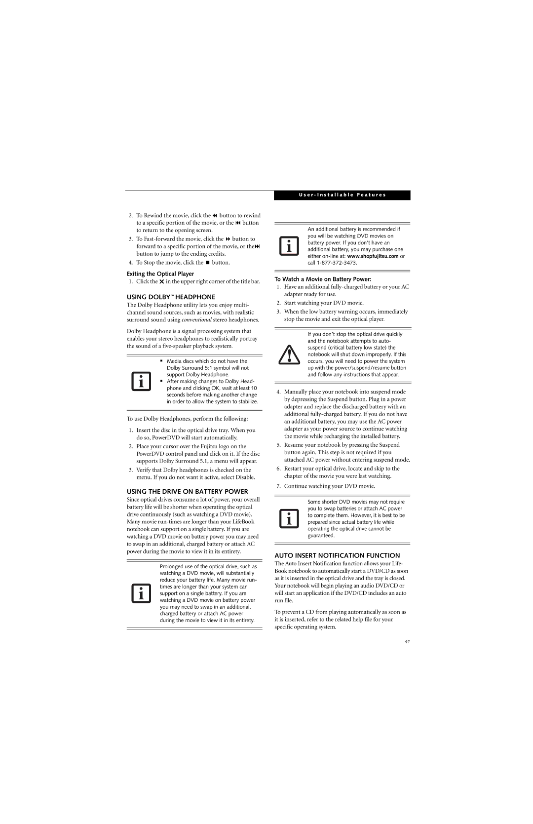 Fujitsu N6400 manual Using Dolby Headphone, Using the Drive on Battery Power, Auto Insert Notification Function 