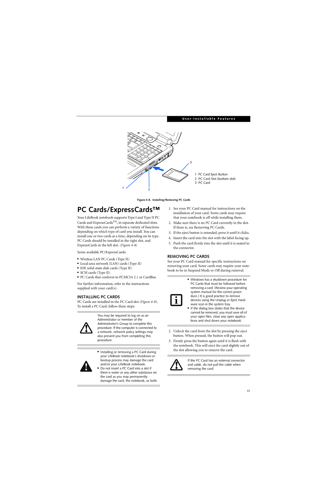Fujitsu N6400 manual PC Cards/ExpressCards, Installing PC Cards, Removing PC Cards 