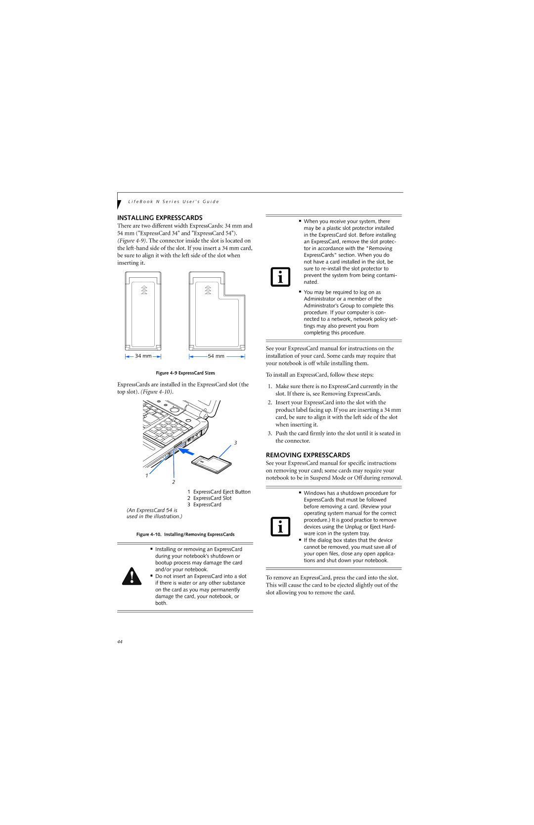 Fujitsu N6400 manual Installing Expresscards, Removing Expresscards 