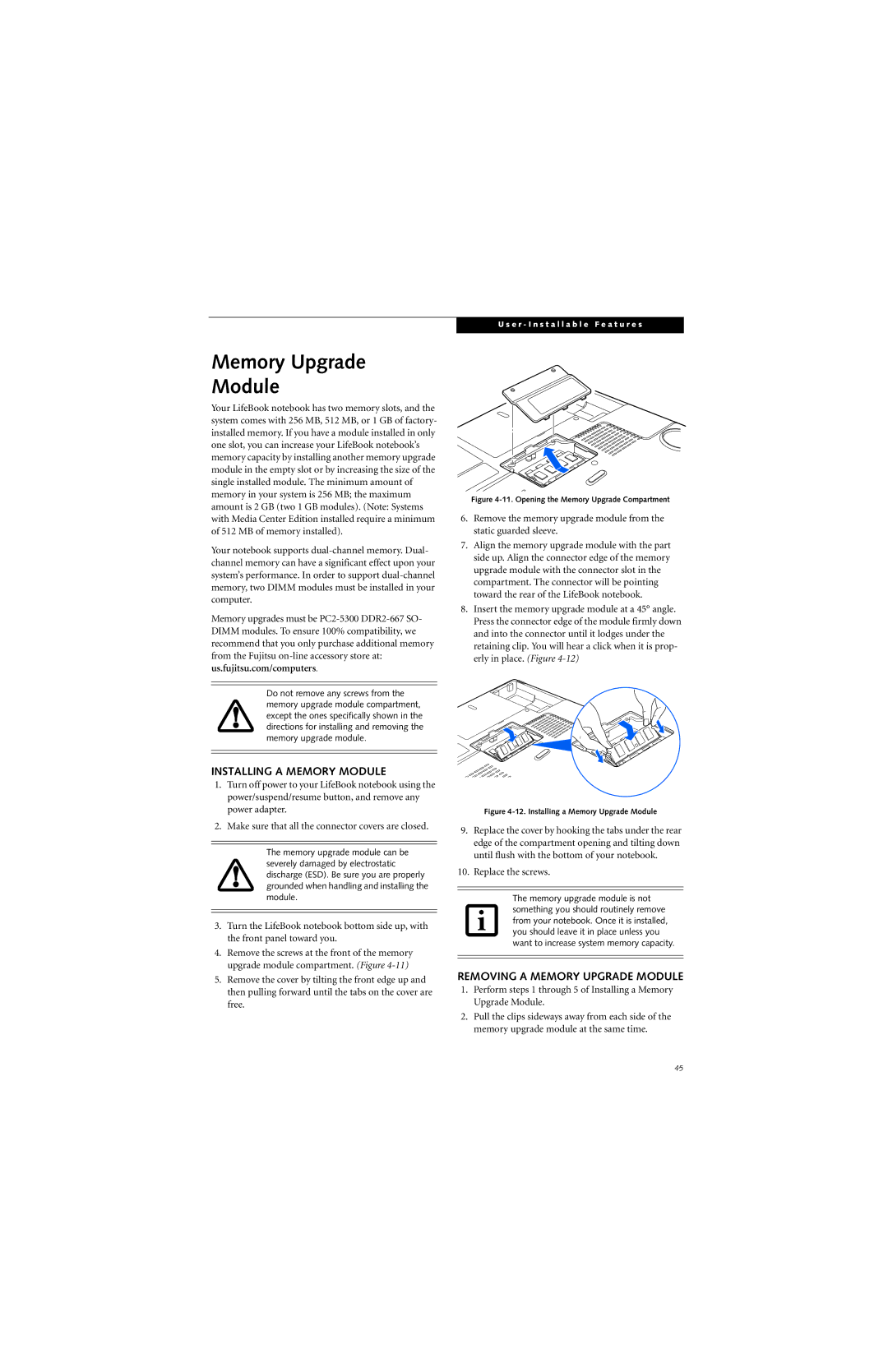 Fujitsu N6400 manual Installing a Memory Module, Removing a Memory Upgrade Module 