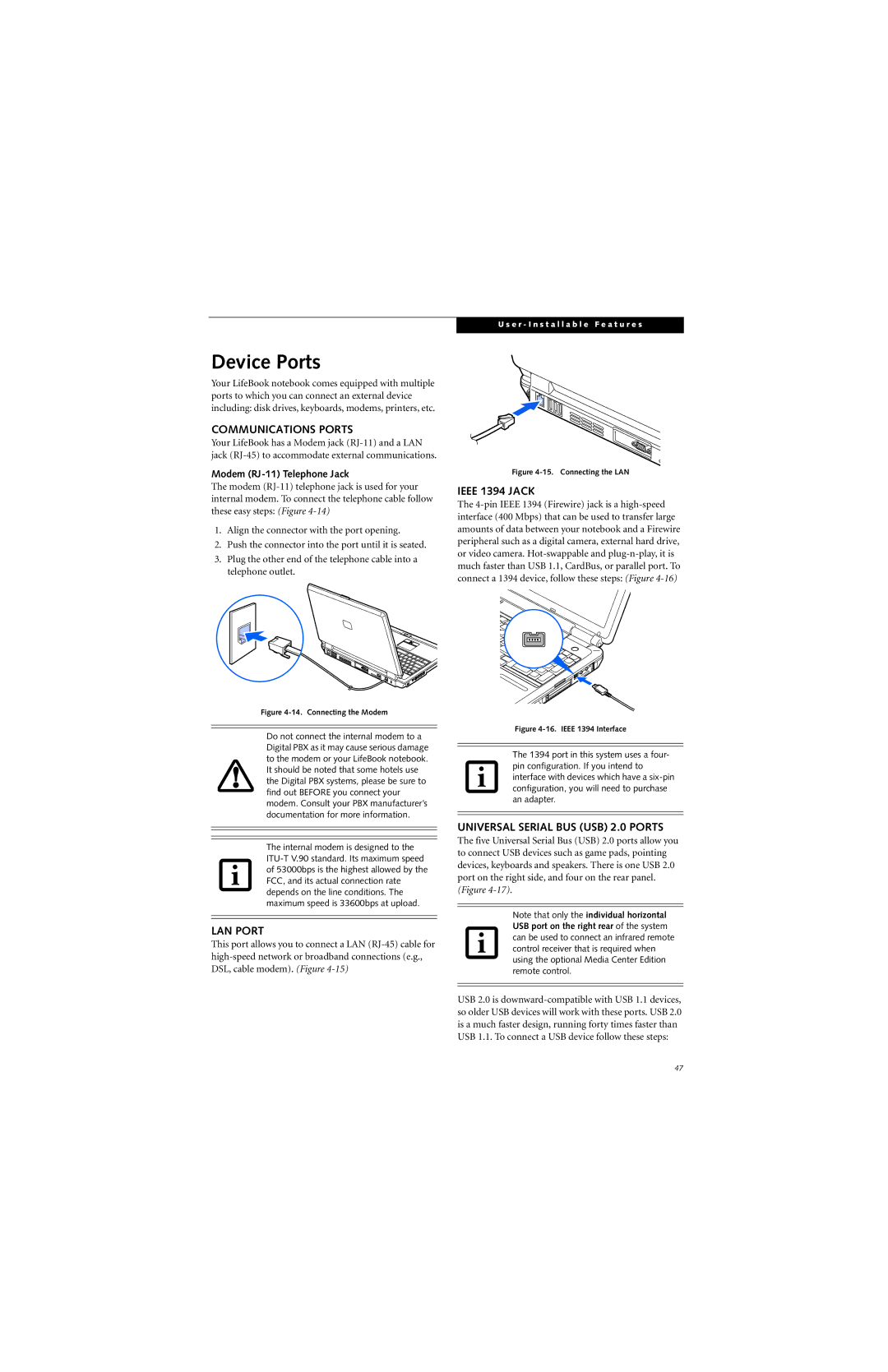 Fujitsu N6400 manual Device Ports, Communications Ports, LAN Port, Ieee 1394 Jack, Universal Serial BUS USB 2.0 Ports 