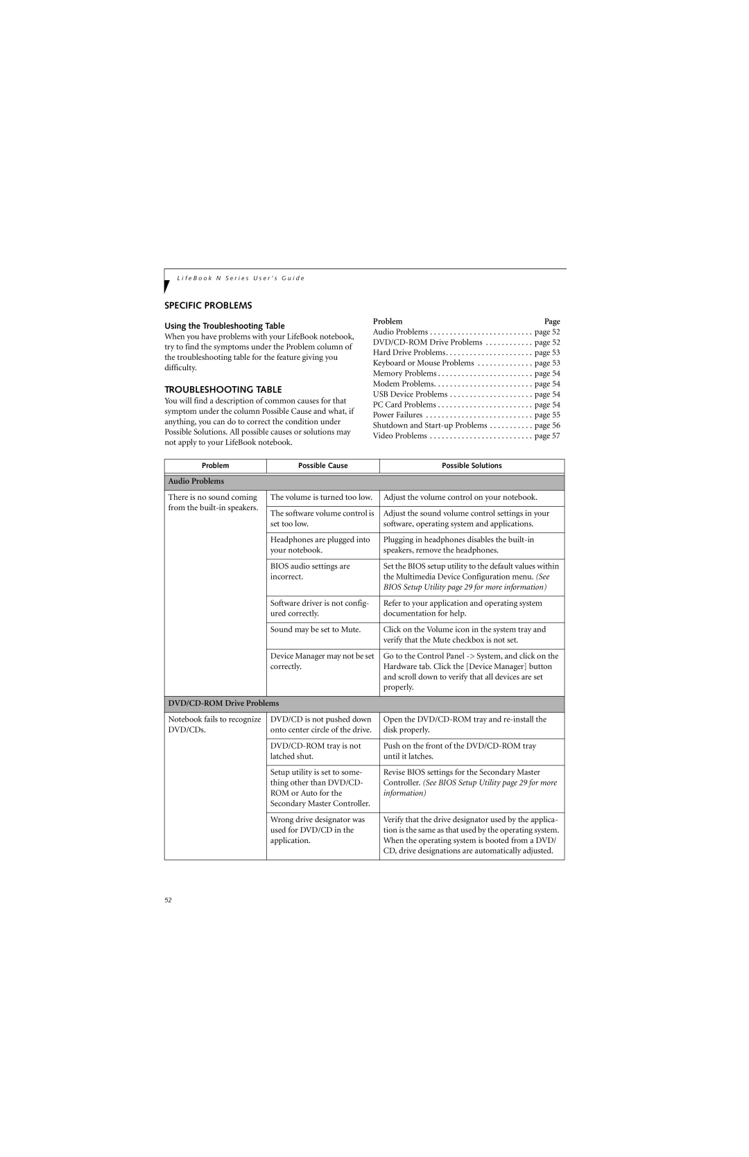 Fujitsu N6400 manual Specific Problems, Using the Troubleshooting Table 