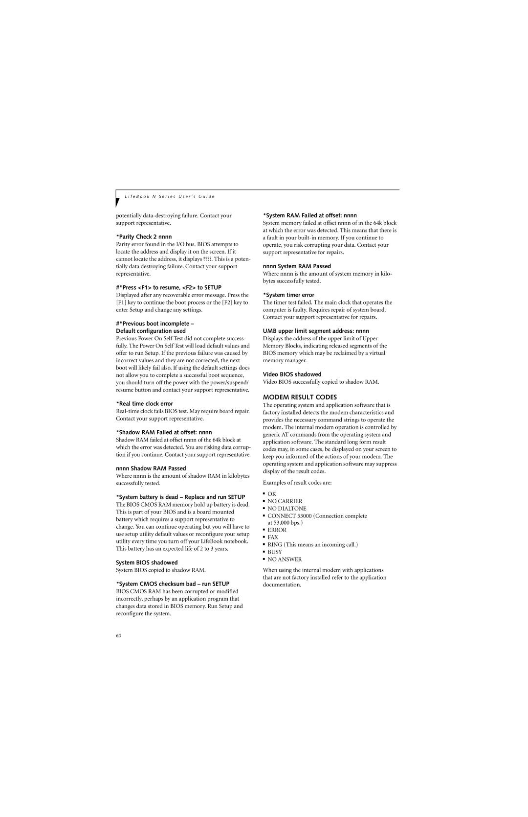 Fujitsu N6400 manual Modem Result Codes 