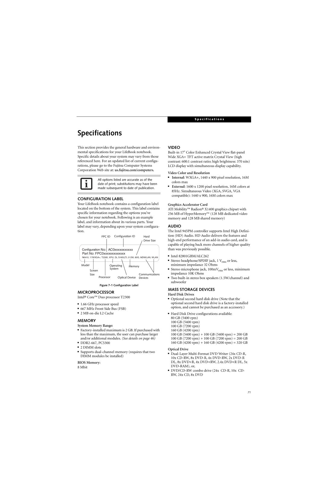 Fujitsu N6400 manual Specifications 