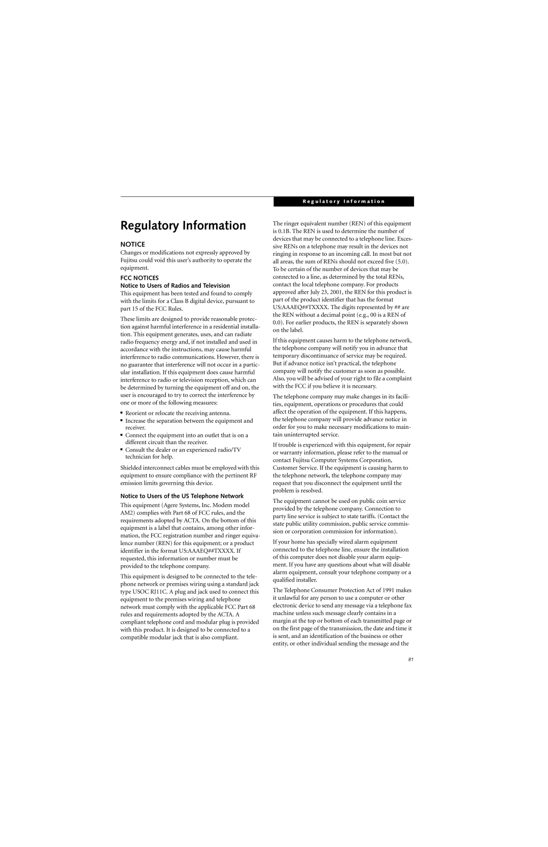 Fujitsu N6400 manual Regulatory Information, FCC Notices 