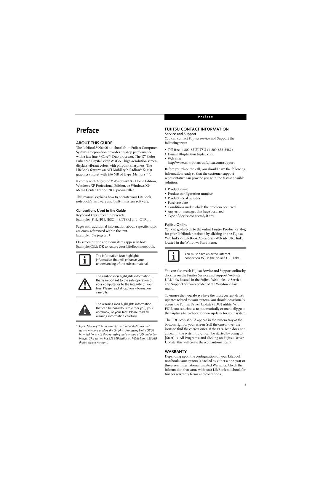 Fujitsu N6400 manual Preface, About this Guide, Fujitsu Contact Information, Warranty 