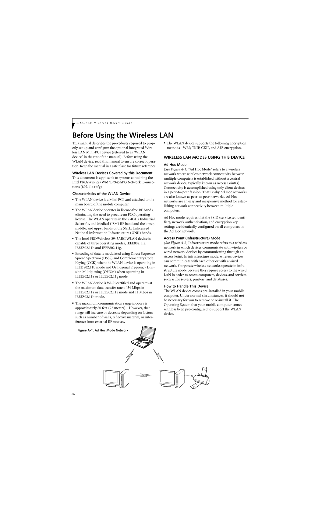 Fujitsu N6400 manual Before Using the Wireless LAN, Wireless LAN Modes Using this Device 