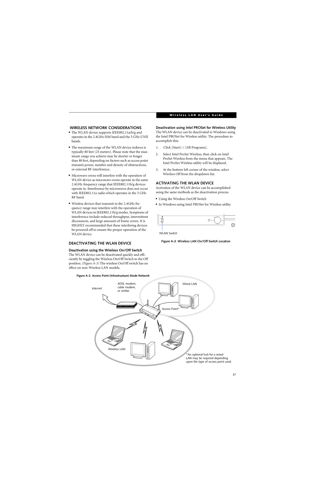 Fujitsu N6400 manual Wireless Network Considerations, Deactivating the Wlan Device, Activating the Wlan Device 