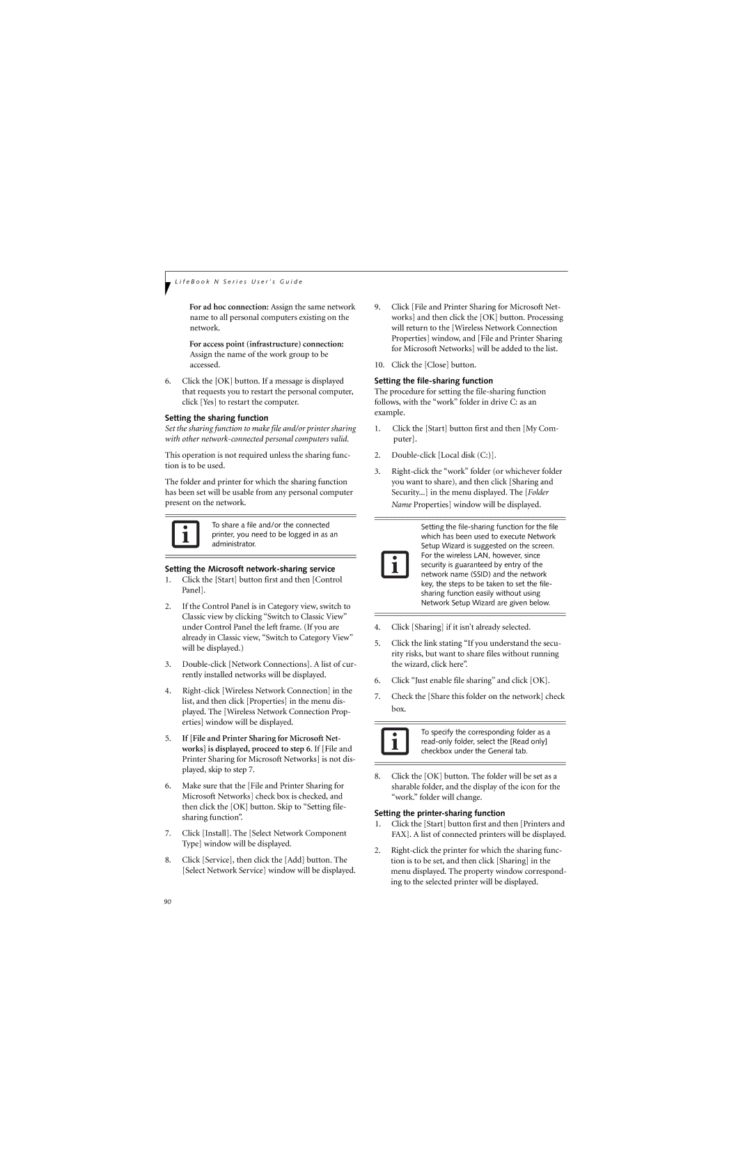 Fujitsu N6400 manual Setting the sharing function, Setting the Microsoft network-sharing service 