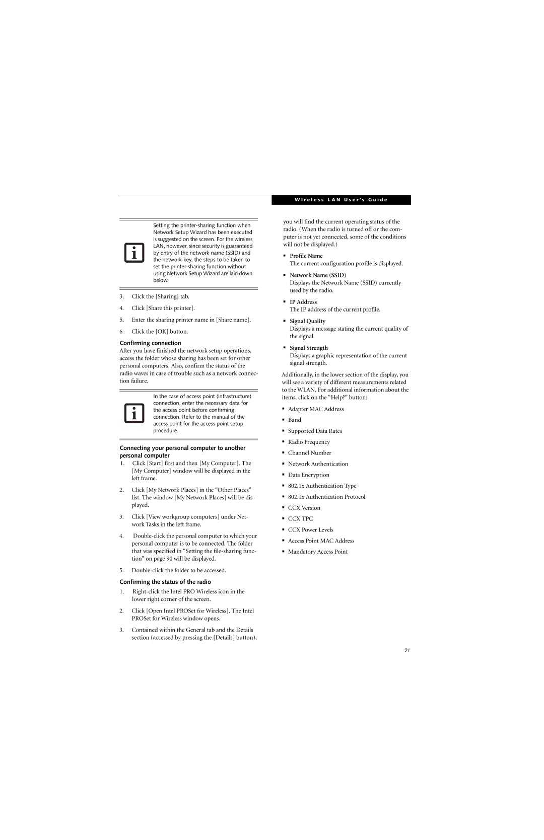 Fujitsu N6400 manual Confirming connection, Confirming the status of the radio 