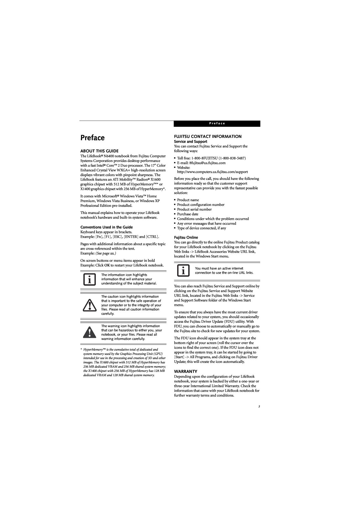 Fujitsu N6420 manual Preface, About This Guide, Fujitsu Contact Information, Warranty, Conventions Used in the Guide 