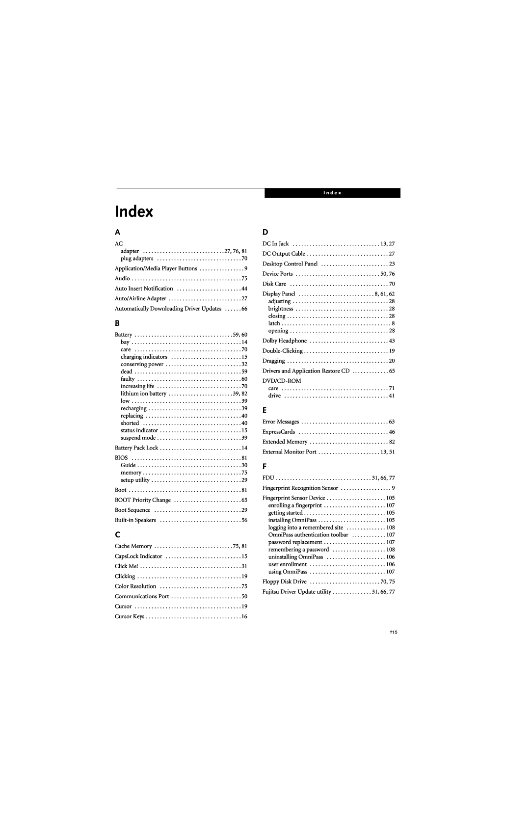 Fujitsu N6420 manual Index 