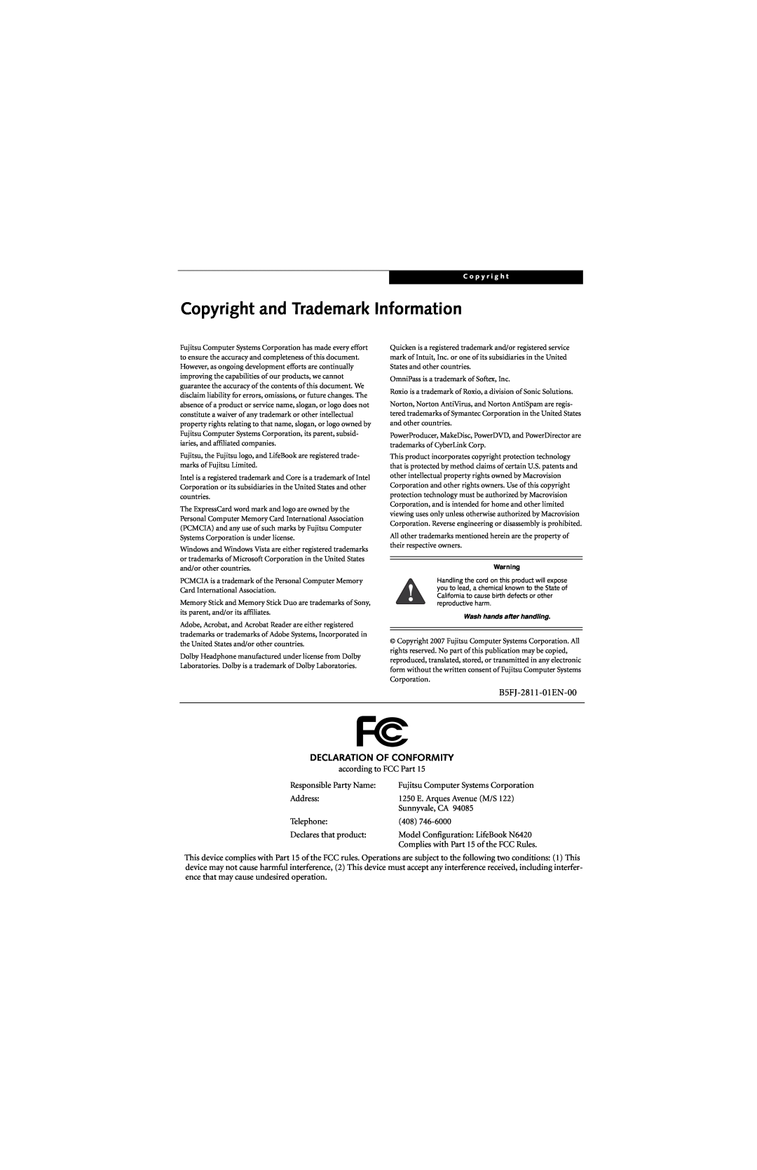 Fujitsu N6420 manual Copyright and Trademark Information, B5FJ-2811-01EN-00, Declaration Of Conformity 