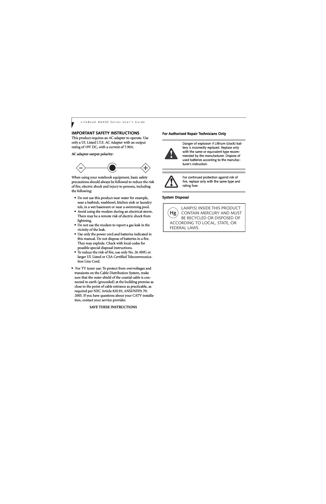 Fujitsu N6420 manual Important Safety Instructions, According To Local, State, Or Federal Laws, AC adapter output polarity 