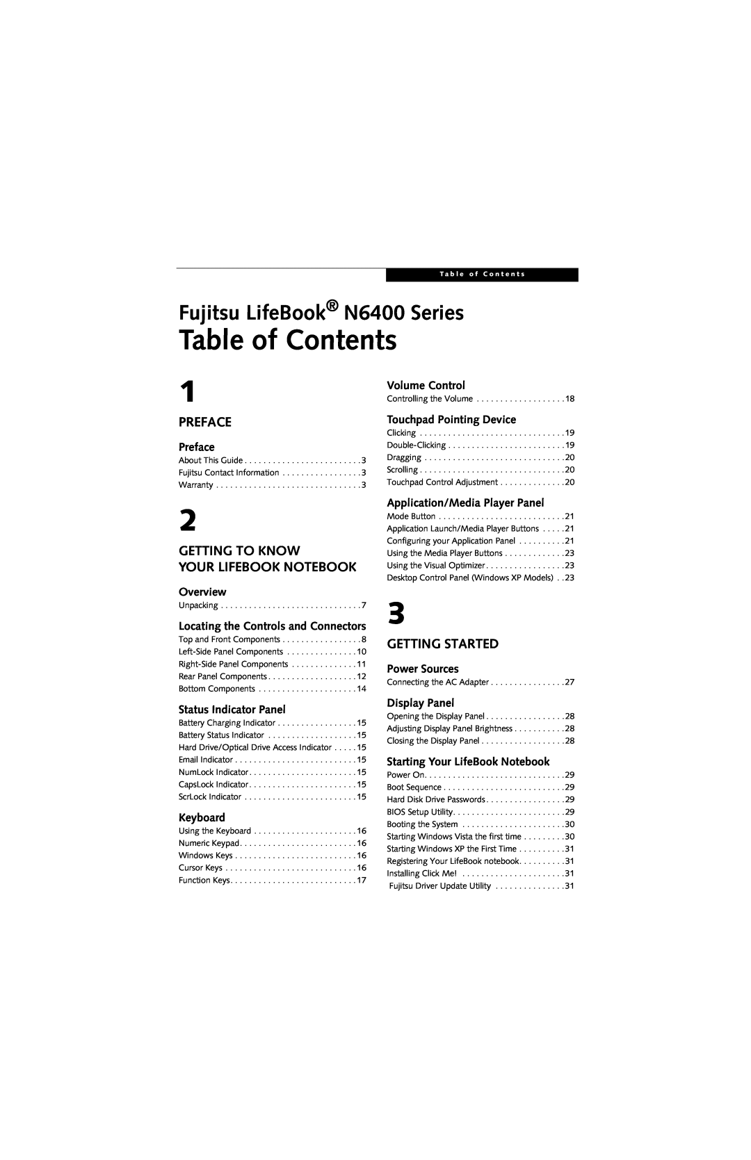 Fujitsu N6420 manual Table of Contents, Preface, Getting To Know Your Lifebook Notebook, Getting Started 