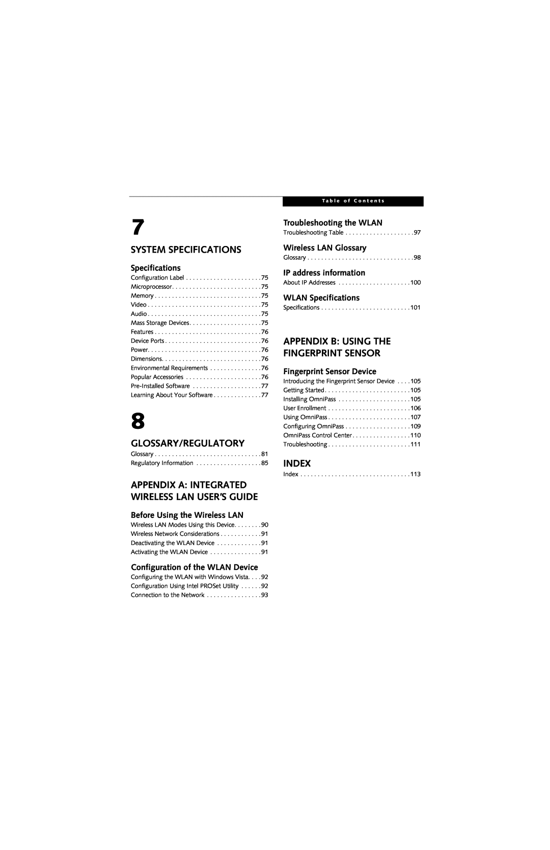 Fujitsu N6420 manual System Specifications, Glossary/Regulatory, Index, Appendix B Using The Fingerprint Sensor 