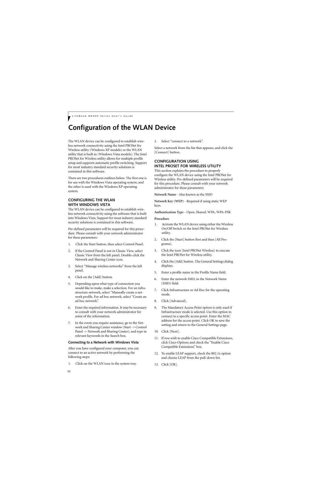 Fujitsu N6420 manual Configuration of the Wlan Device, Configuring the Wlan With Windows Vista 