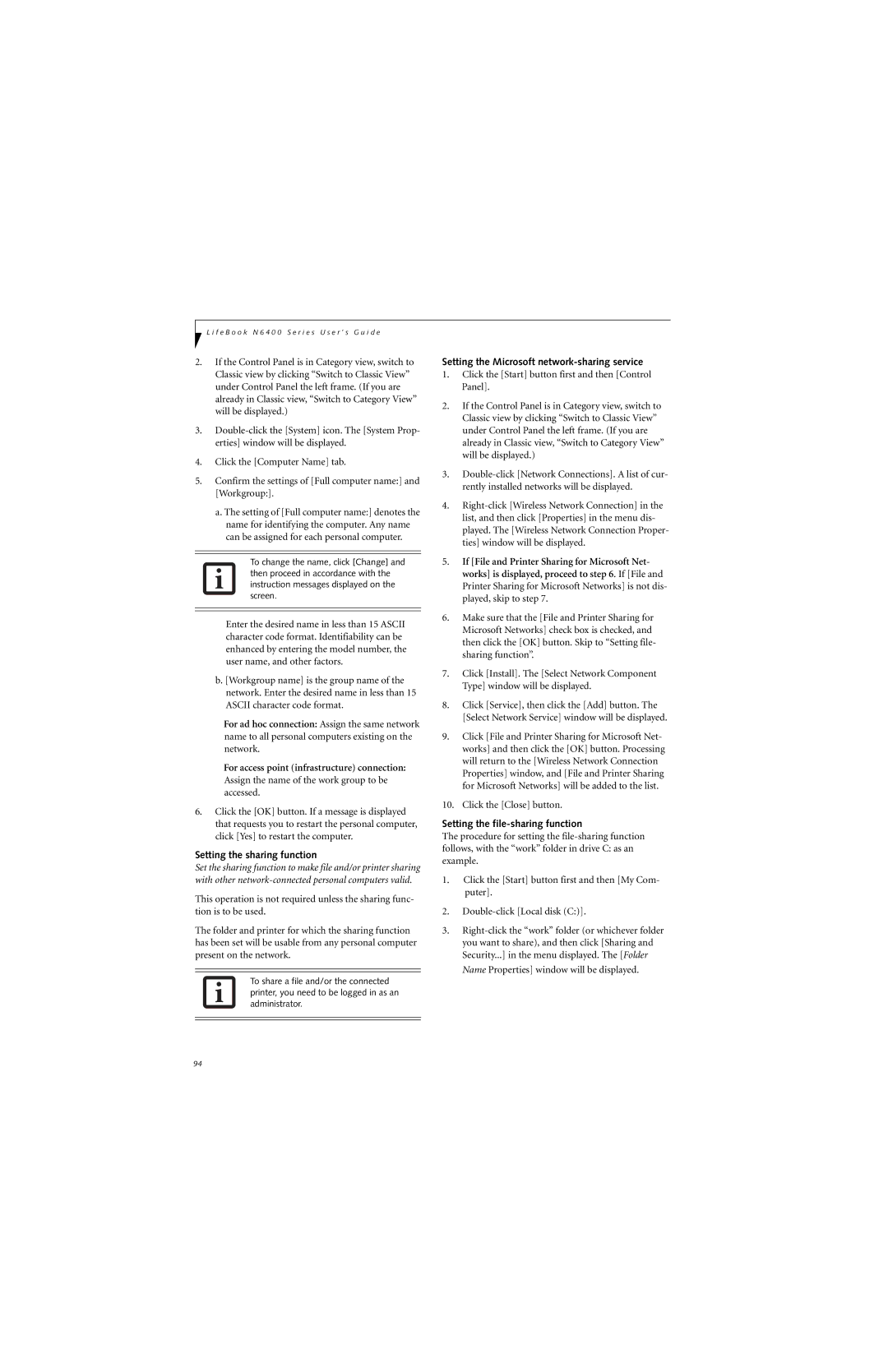 Fujitsu N6420 manual Setting the sharing function, Setting the Microsoft network-sharing service 