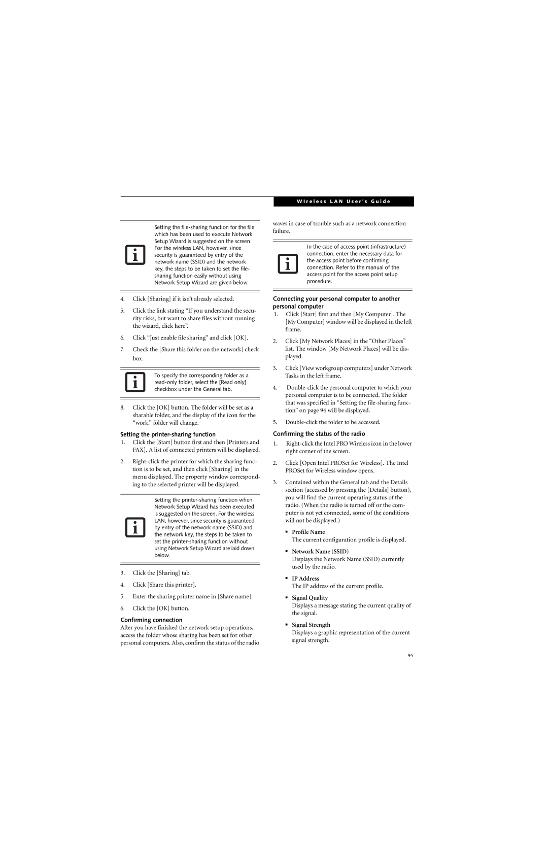 Fujitsu N6420 manual Setting the printer-sharing function, Confirming connection, Confirming the status of the radio 