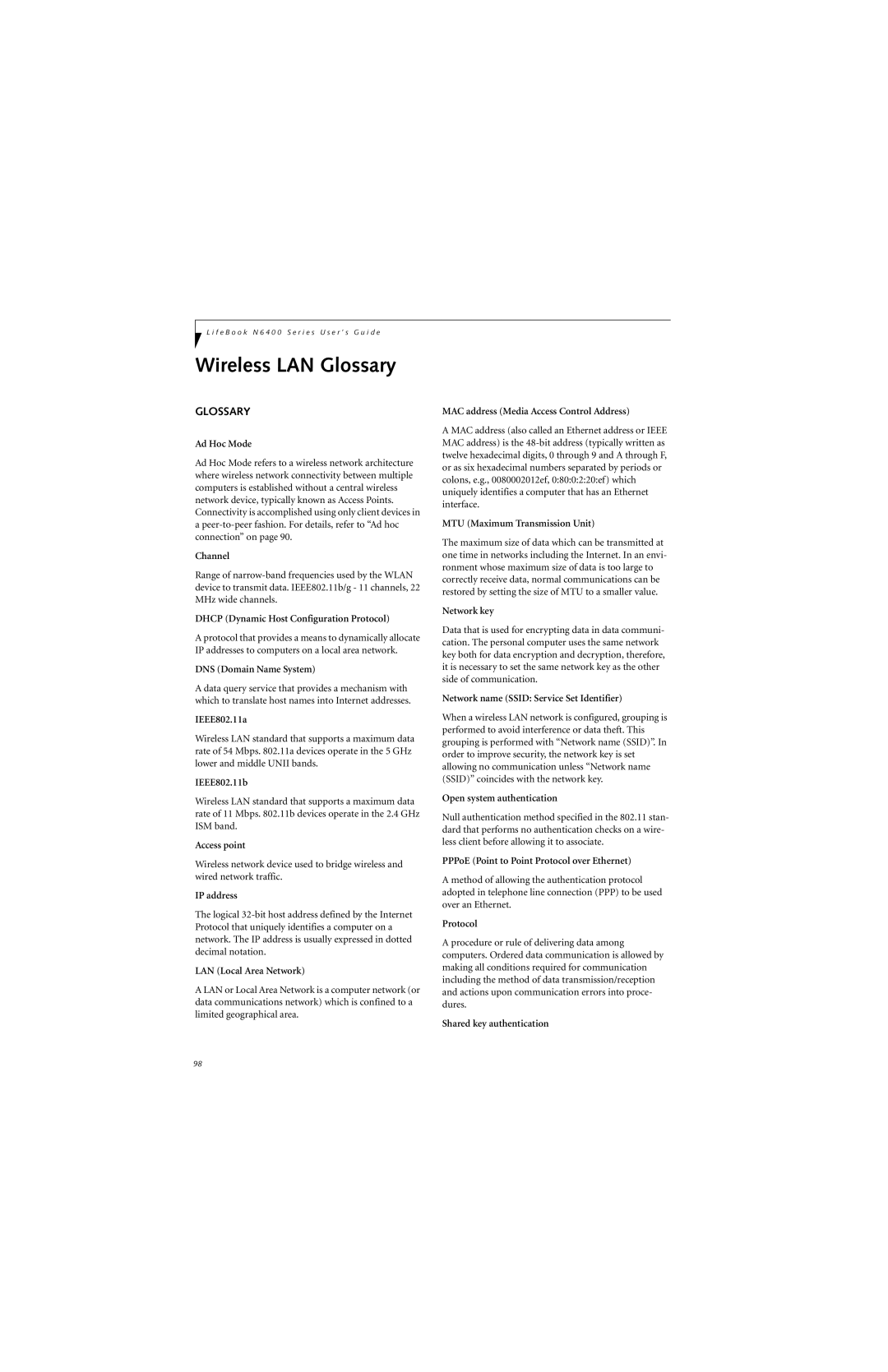 Fujitsu N6420 manual Wireless LAN Glossary 