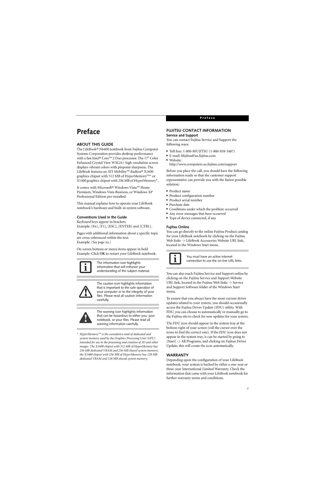 Fujitsu N6420 manual Preface, About this Guide, Fujitsu Contact Information, Warranty 