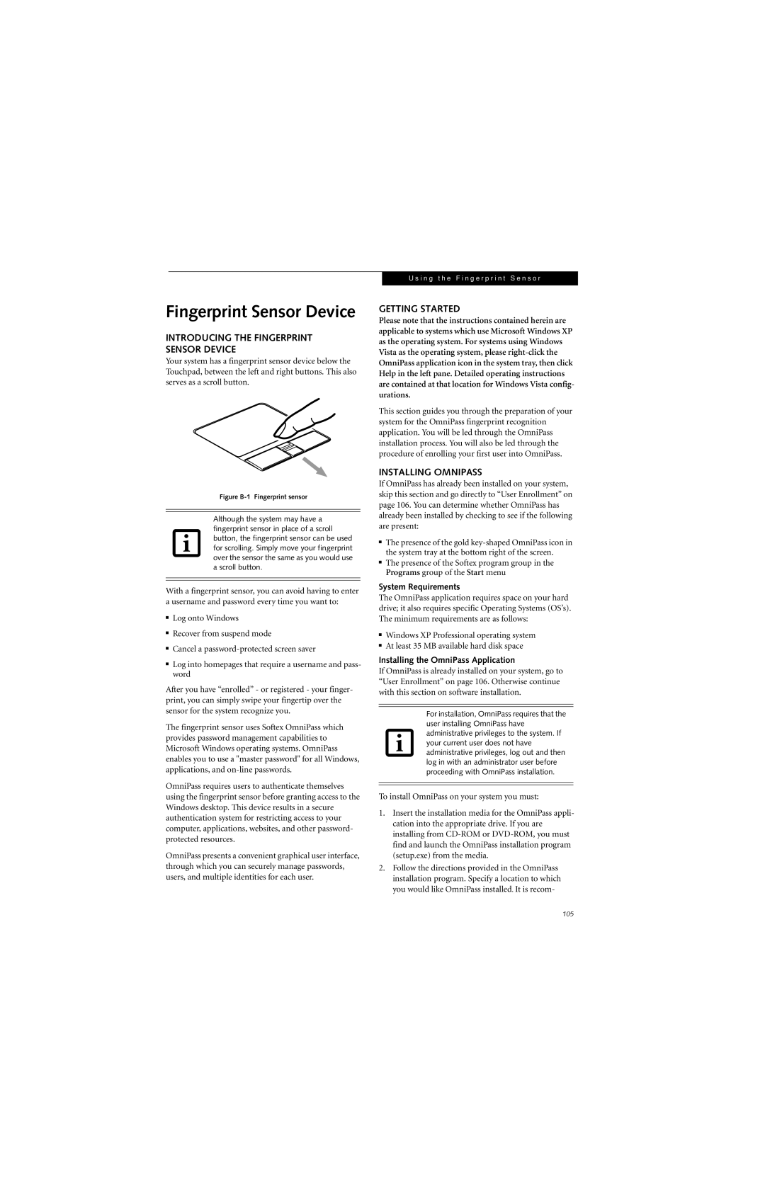 Fujitsu N6420 manual Introducing the Fingerprint Sensor Device, Getting Started, Installing Omnipass, System Requirements 