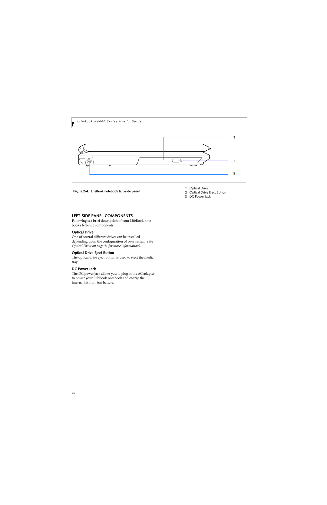 Fujitsu N6420 manual LEFT-SIDE Panel Components, Optical Drive Eject Button, DC Power Jack 