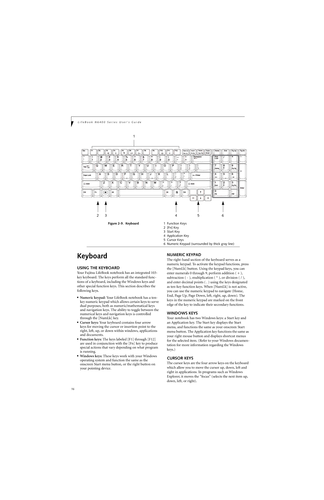 Fujitsu N6420 manual Using the Keyboard, Numeric Keypad, Windows Keys, Cursor Keys 