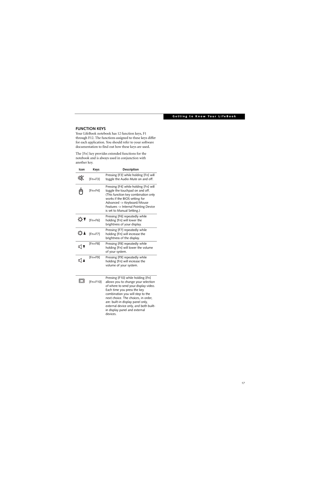 Fujitsu N6420 manual Function Keys, Icon Keys Description 