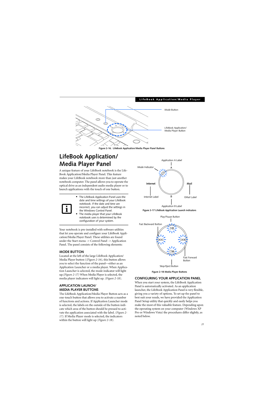 Fujitsu N6420 manual Mode Button, Application Launch Media Player Buttons, Configuring Your Application Panel 