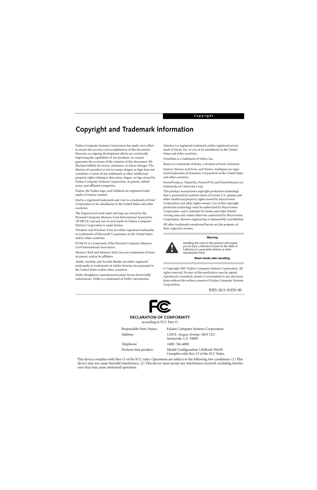 Fujitsu N6420 manual Copyright and Trademark Information, Declaration of Conformity 