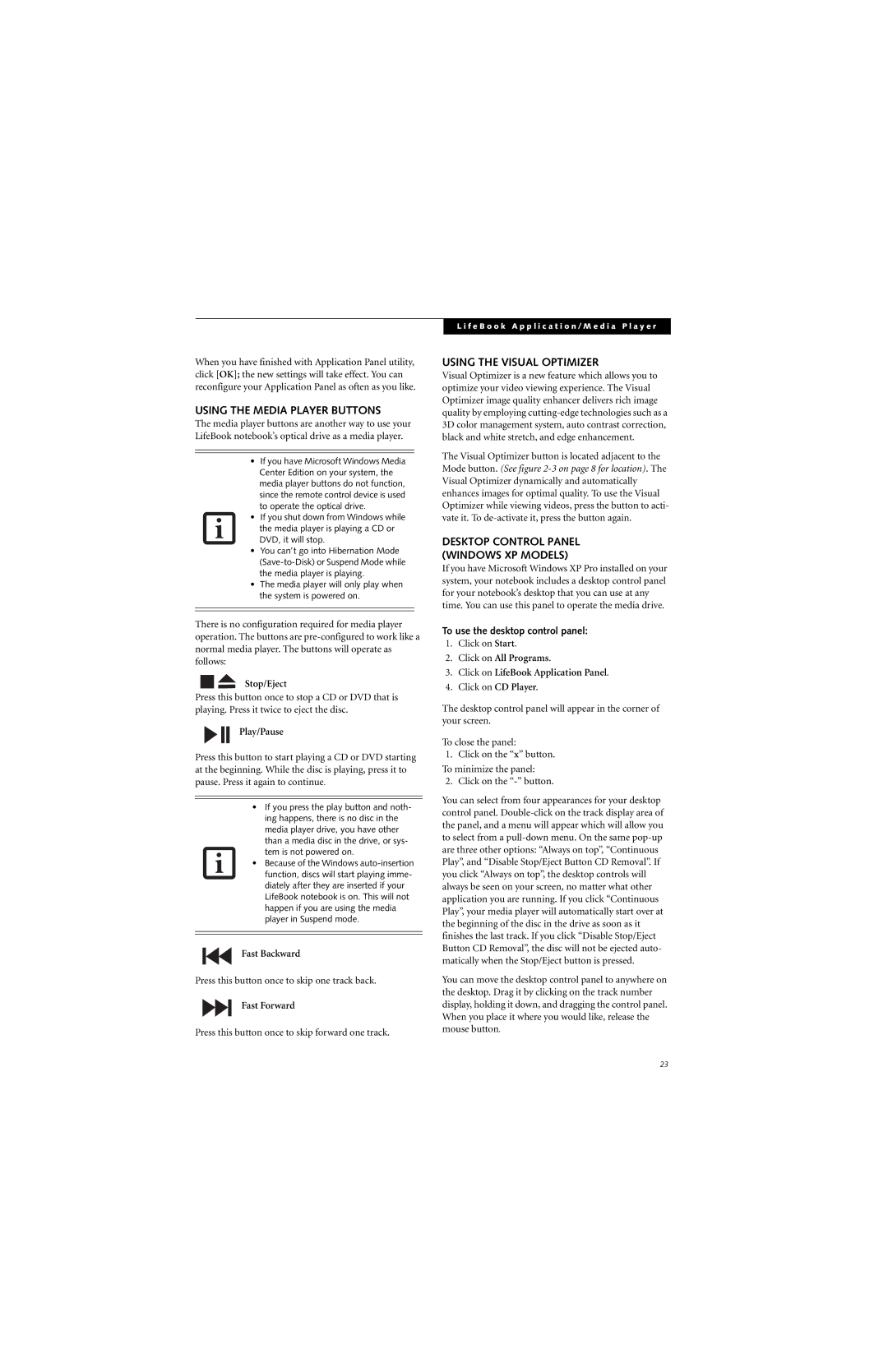 Fujitsu N6420 manual Using the Media Player Buttons, Using the Visual Optimizer, To use the desktop control panel 