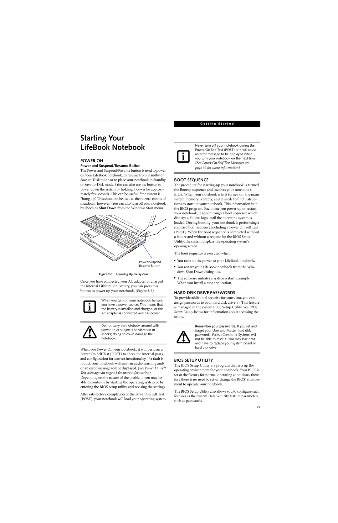 Fujitsu N6420 Starting Your LifeBook Notebook, Power on, Boot Sequence, Hard Disk Drive Passwords, Bios Setup Utility 