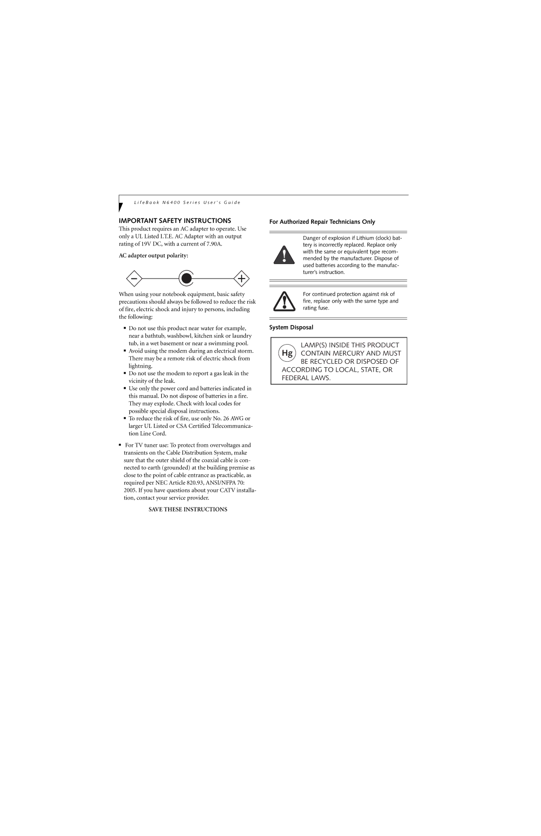 Fujitsu N6420 manual Important Safety Instructions, AC adapter output polarity, For Authorized Repair Technicians Only 