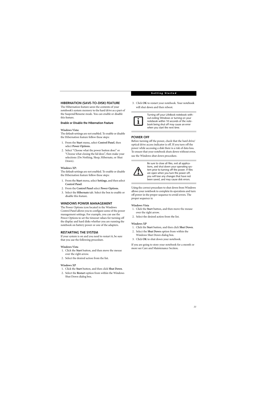 Fujitsu N6420 manual Hibernation SAVE-TO-DISK Feature, Windows Power Management, Restarting the System, Power OFF 