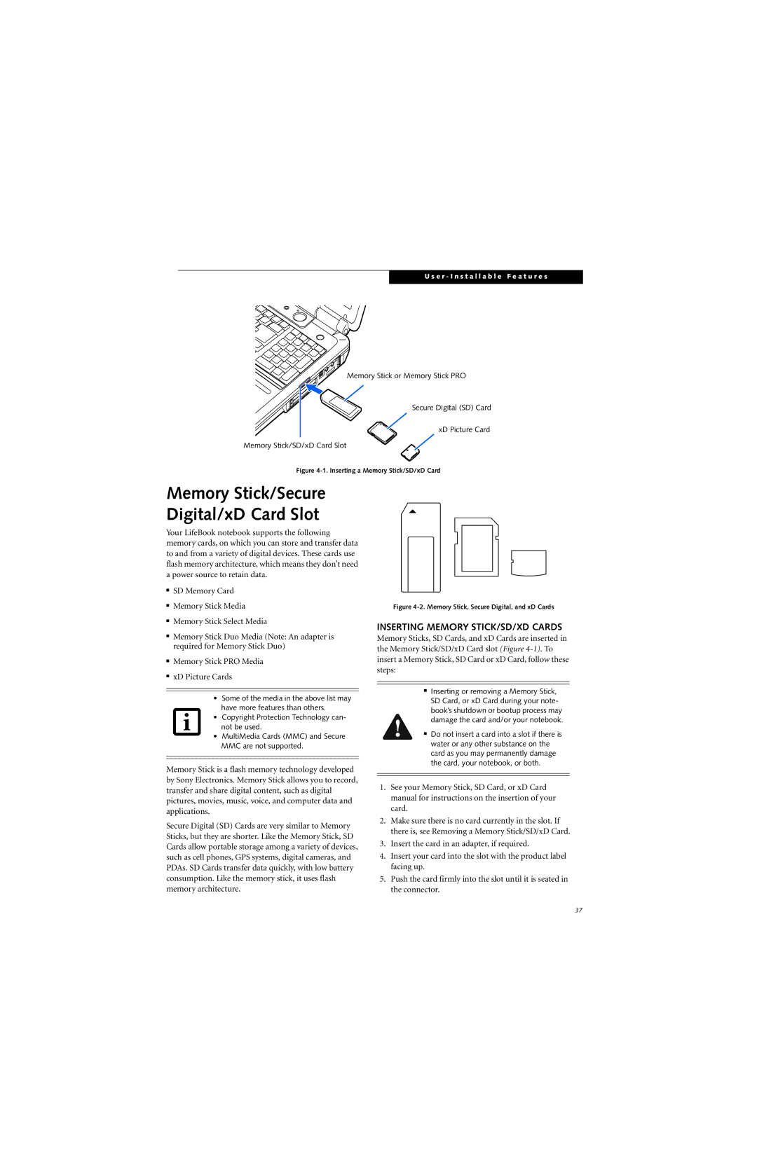 Fujitsu N6420 manual Memory Stick/Secure Digital/xD Card Slot, Inserting Memory STICK/SD/XD Cards 