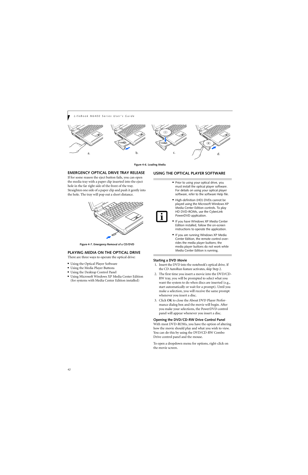 Fujitsu N6420 manual Emergency Optical Drive Tray Release, Playing Media on the Optical Drive, Starting a DVD Movie 