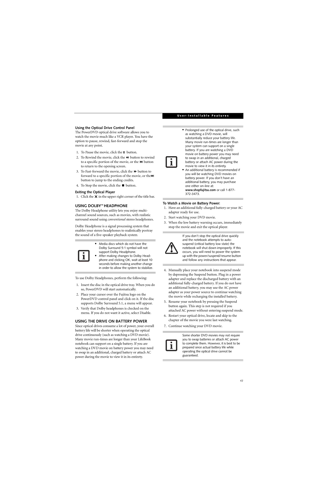 Fujitsu N6420 manual Using Dolby Headphone, Using the Drive on Battery Power, Using the Optical Drive Control Panel 