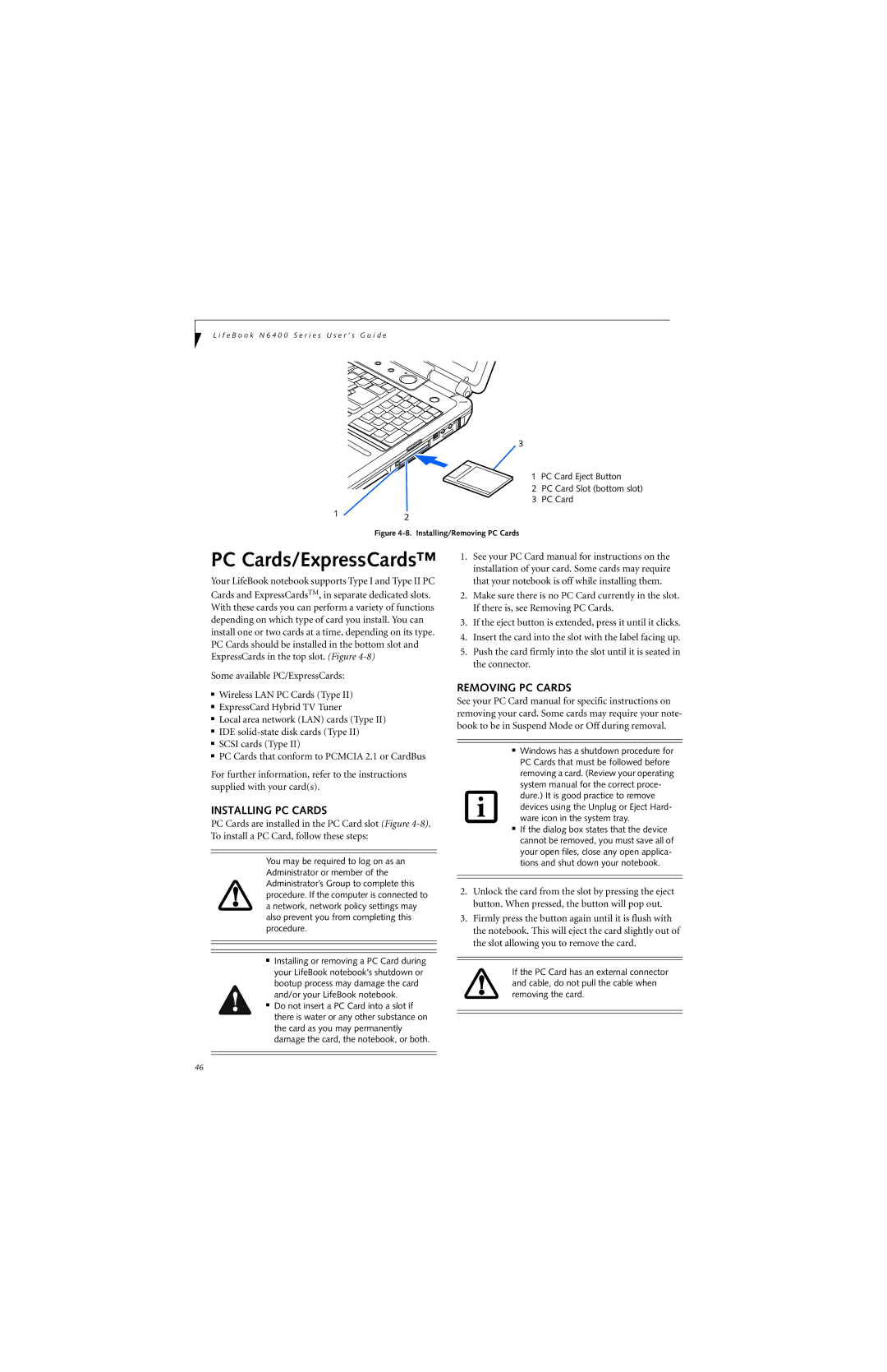 Fujitsu N6420 manual Installing PC Cards, Removing PC Cards 