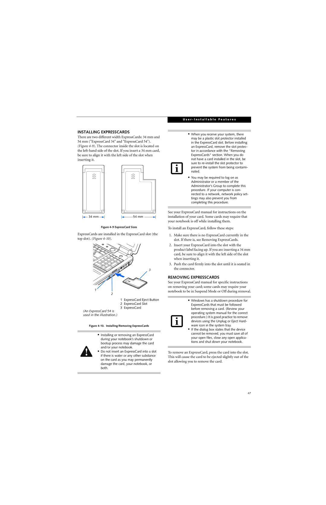 Fujitsu N6420 manual Installing Expresscards, Removing Expresscards 