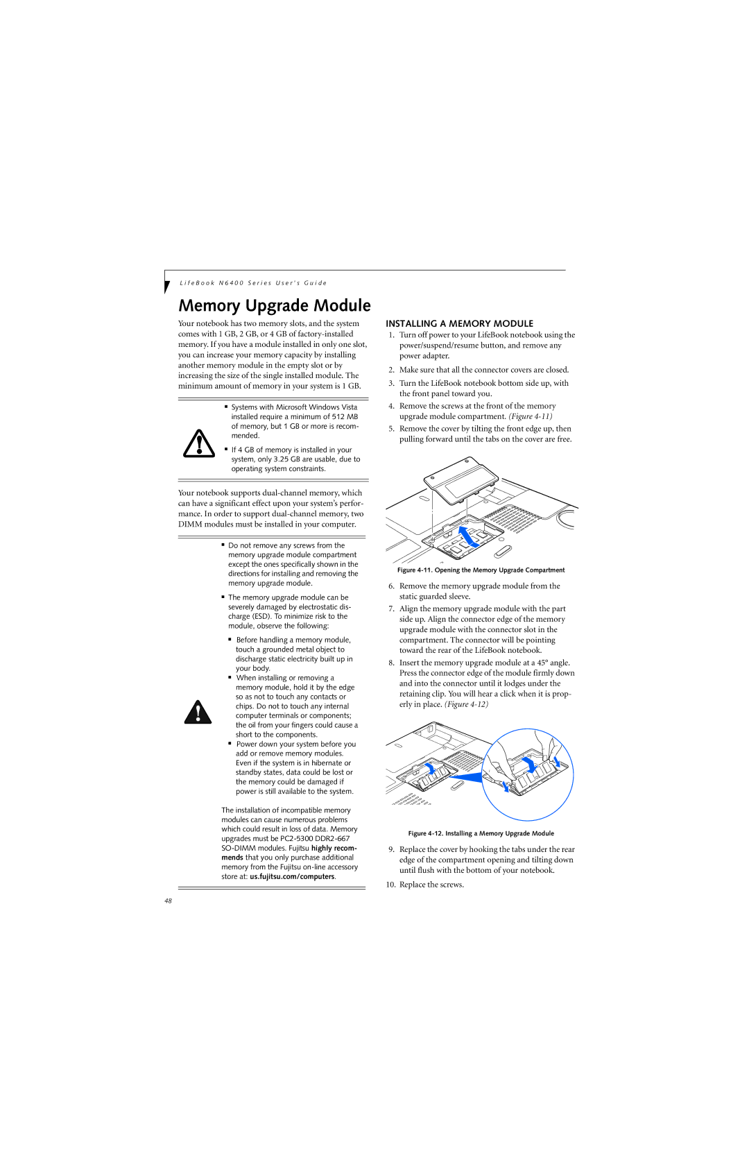 Fujitsu N6420 manual Memory Upgrade Module, Installing a Memory Module 