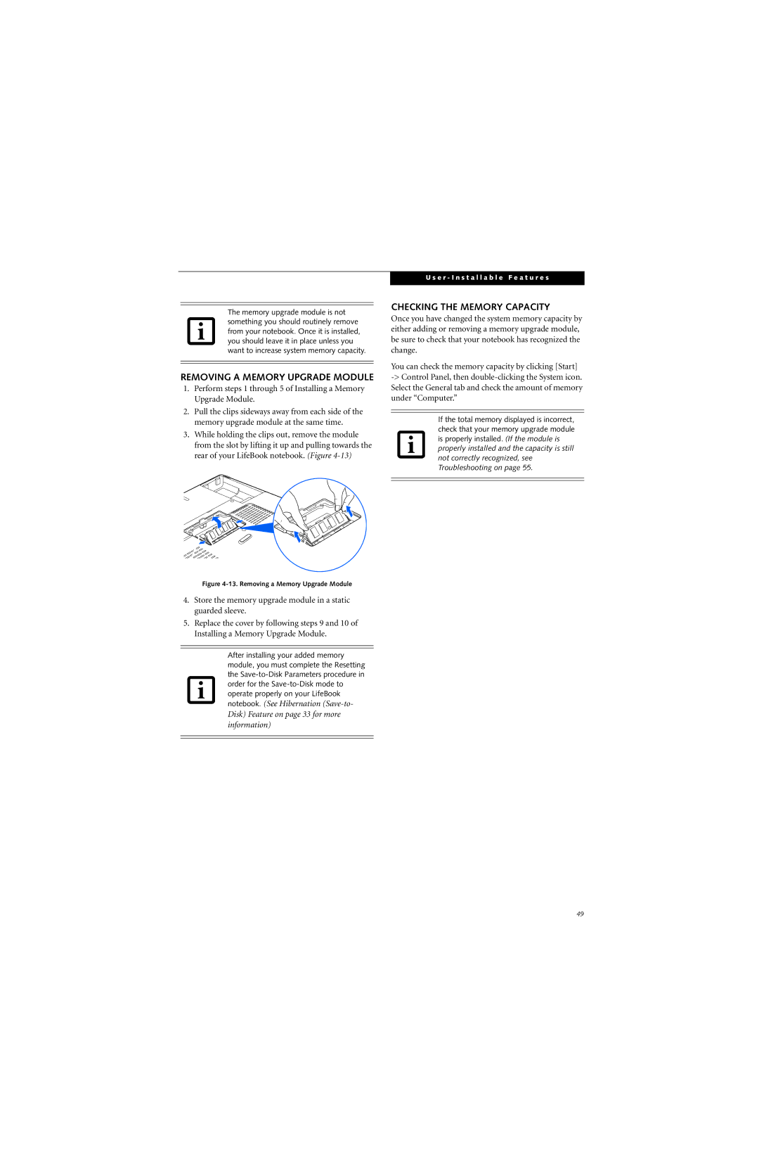 Fujitsu N6420 manual Removing a Memory Upgrade Module, Checking the Memory Capacity 