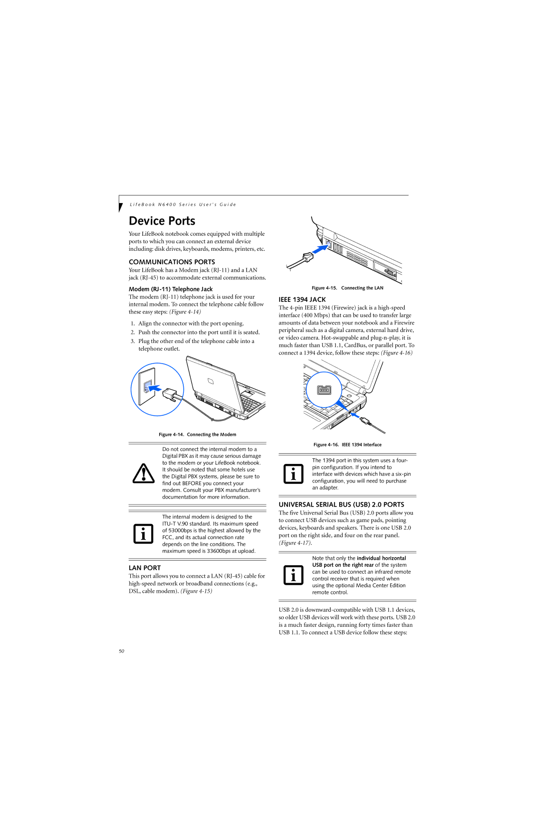 Fujitsu N6420 manual Device Ports, Communications Ports, LAN Port, Ieee 1394 Jack, Universal Serial BUS USB 2.0 Ports 