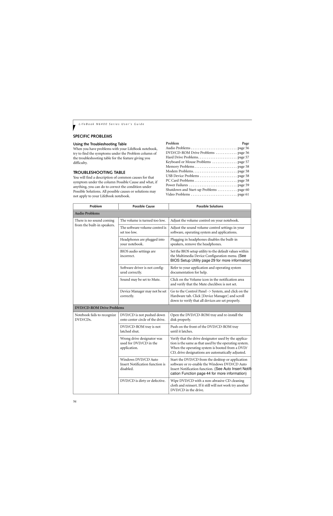 Fujitsu N6420 manual Specific Problems, Using the Troubleshooting Table 