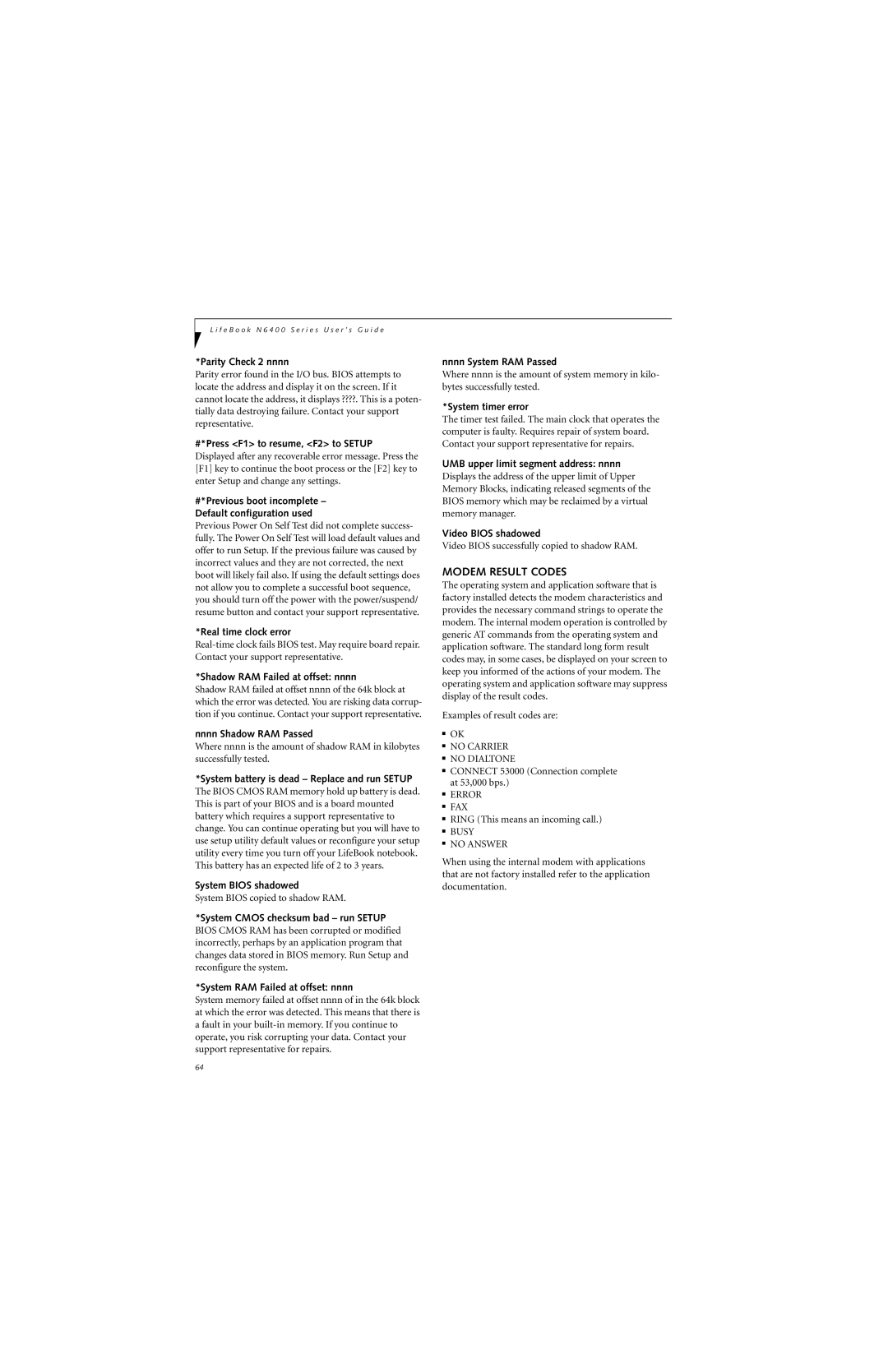 Fujitsu N6420 manual Modem Result Codes 