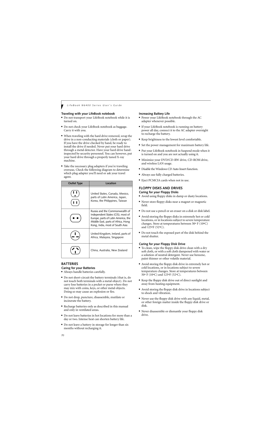 Fujitsu N6420 manual Batteries, Floppy Disks and Drives 