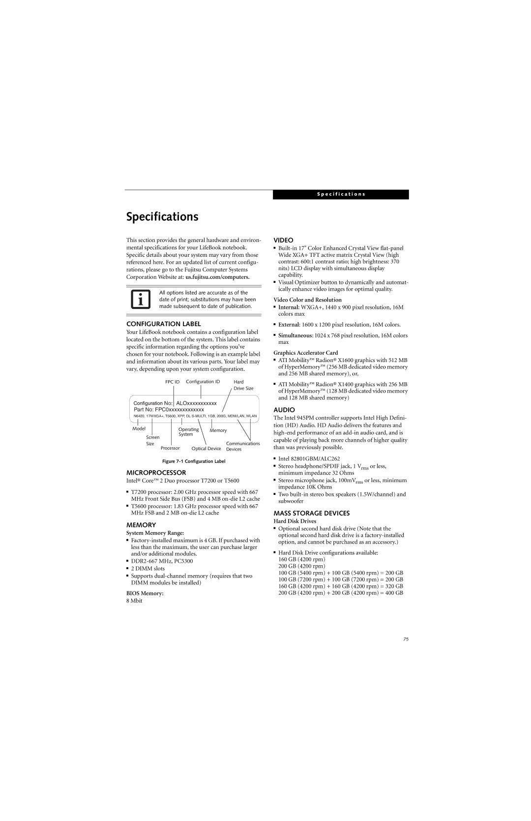 Fujitsu N6420 manual Specifications 