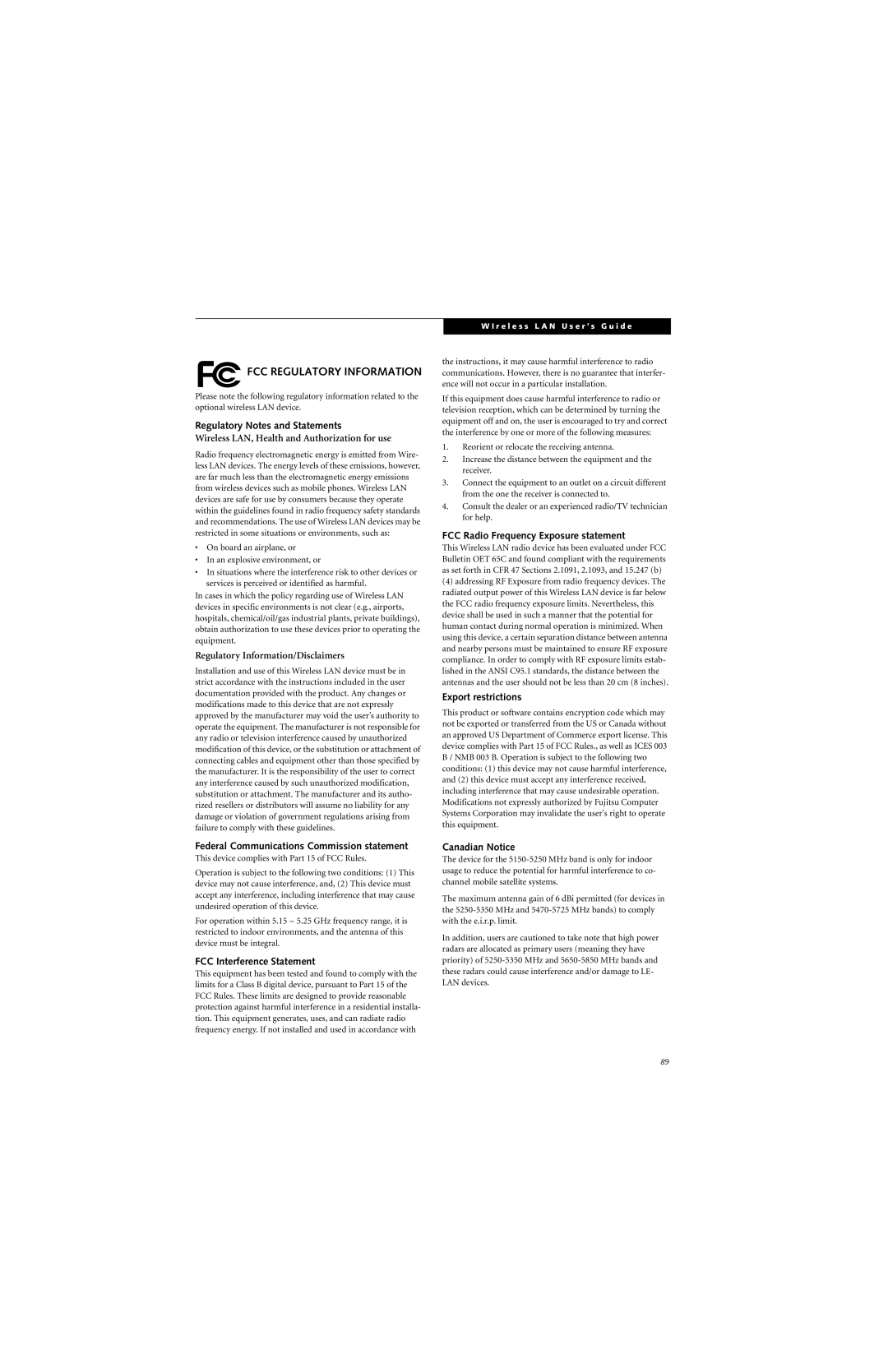 Fujitsu N6420 manual FCC Regulatory Information 