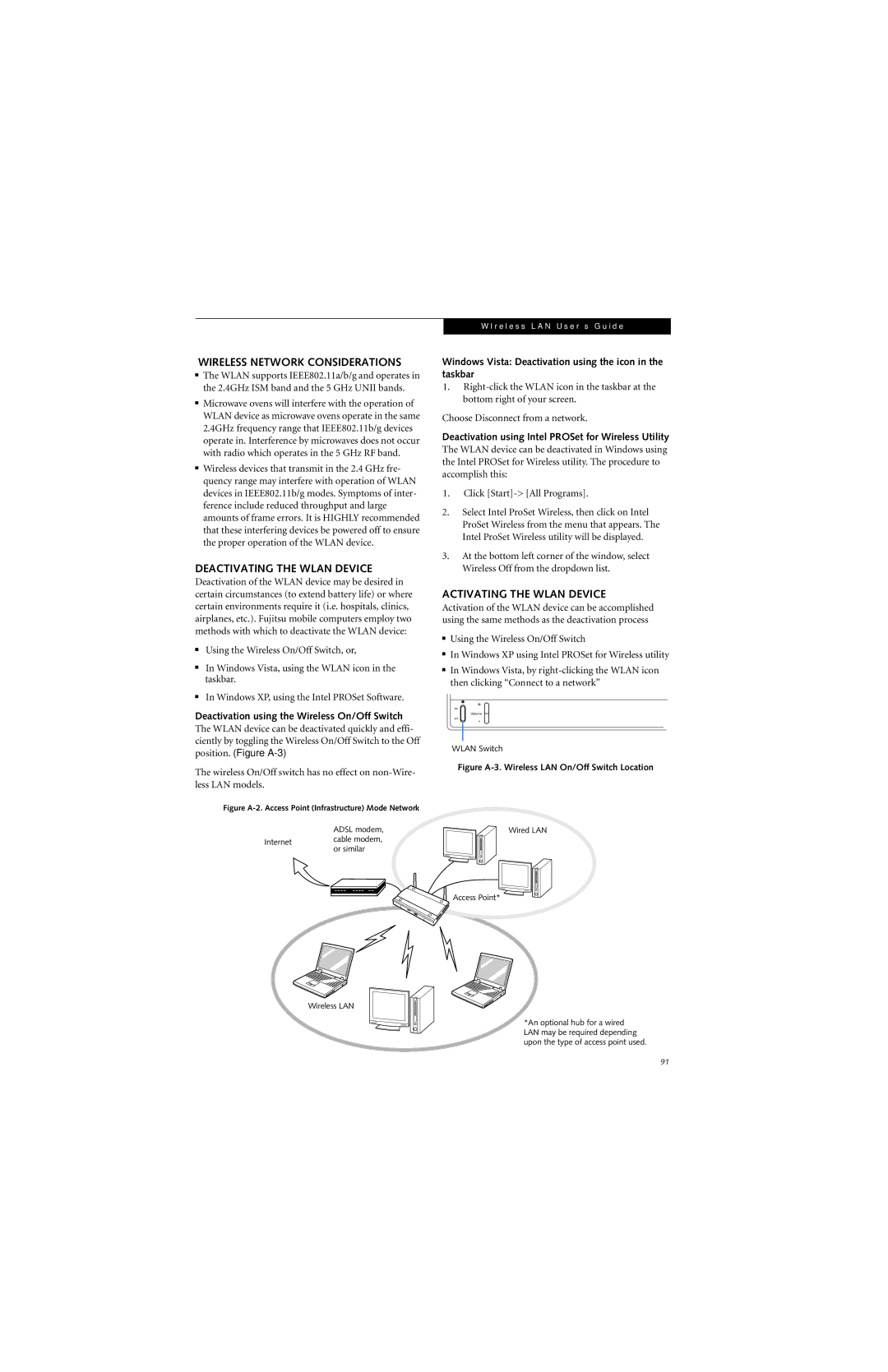 Fujitsu N6420 manual Wireless Network Considerations, Deactivating the Wlan Device, Activating the Wlan Device 